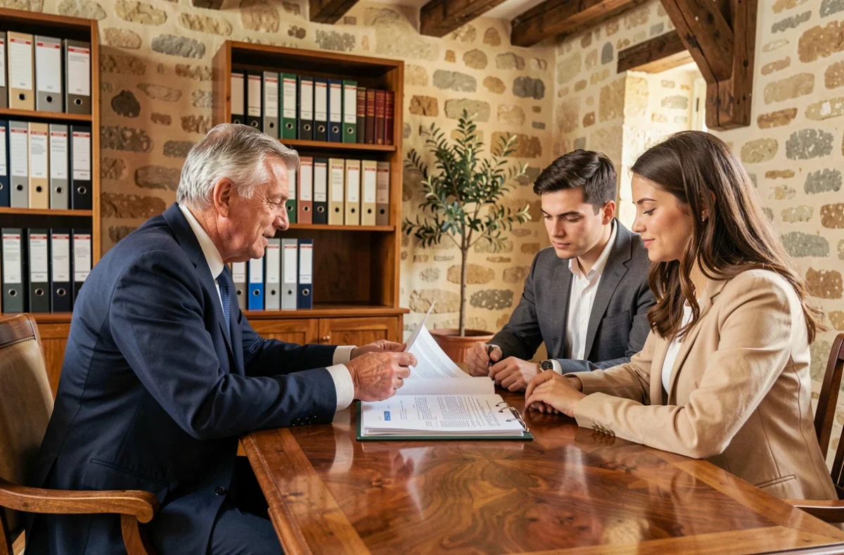 Courtier expérimenté de Cafpi Montpellier en rendez-vous avec un jeune couple pour un dossier de prêt immobilier dans un bureau au style classique