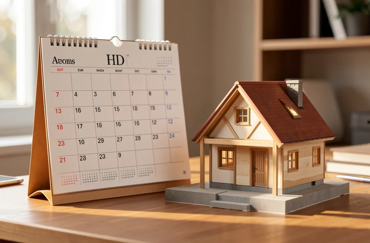 Calendrier et maquette de maison symbolisant la durée du prêt