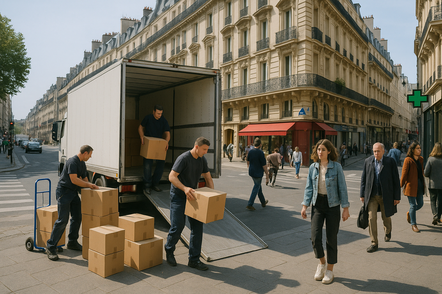 Camion de déménagement garé dans une rue parisienne animée