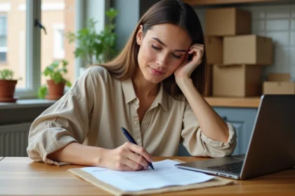 Femme remplissant un formulaire de changement de contrat EDF avant un état des lieux dans une cuisine avec des cartons de déménagement