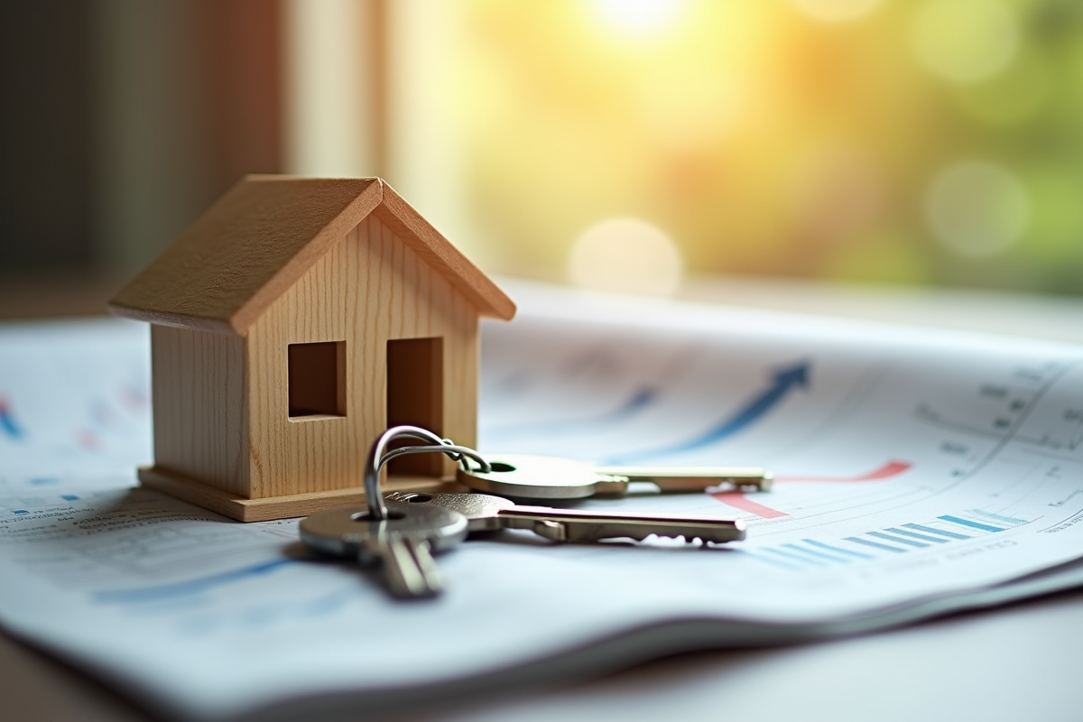 Clés de maison et maison en bois sur journal financier avec graphiques