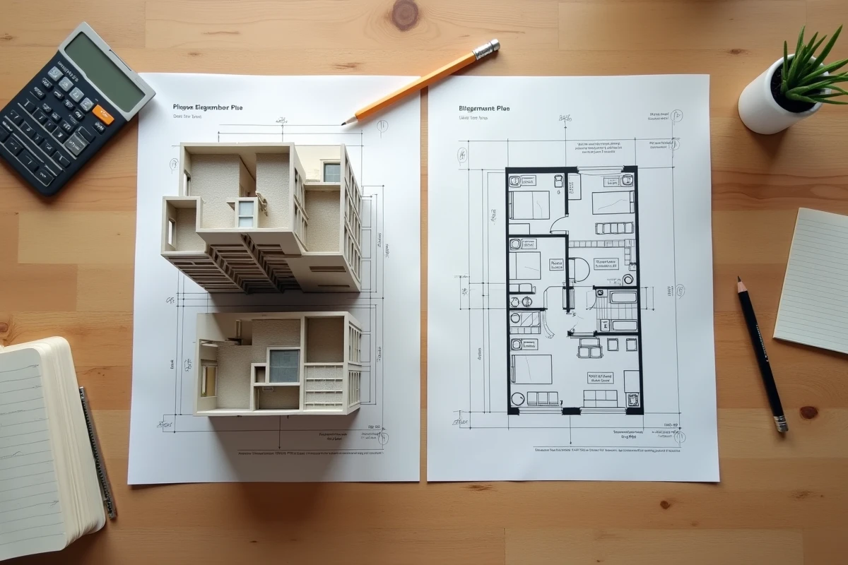 Comparaison entre maquette d'immeuble de rapport et plan d'appartement individuel sur une table de travail immobilier