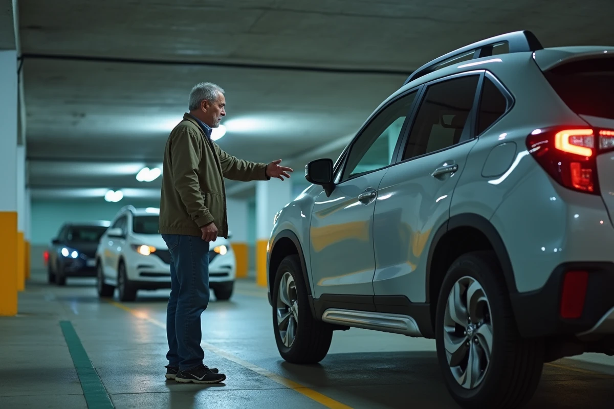 Homme à côté d'un grand SUV dans un parking souterrain illustrant le manque d'espace entre les véhicules