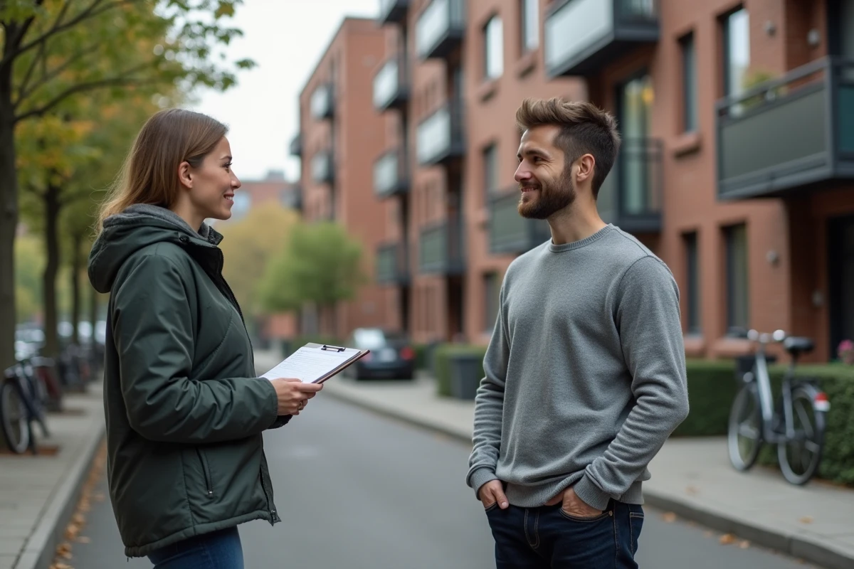 Homme discutant avec une conseillère Action Logement devant un immeuble résidentiel en milieu urbain