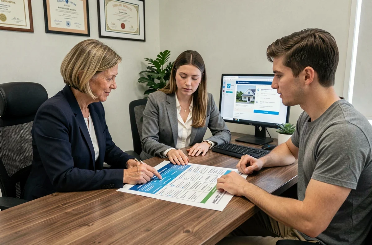 Conseillère en assurance présentant un tableau comparatif d'assurance habitation à un couple de propriétaires