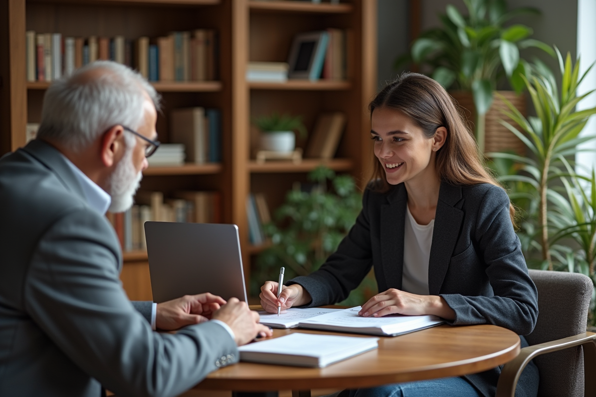 Femme professionnelle et conseiller financier dans un intérieur cosy