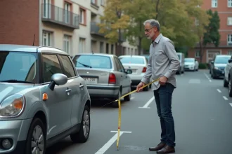 Homme mesurant la largeur d'une place de parking trop étroite avec un mètre ruban jaune dans un parking urbain