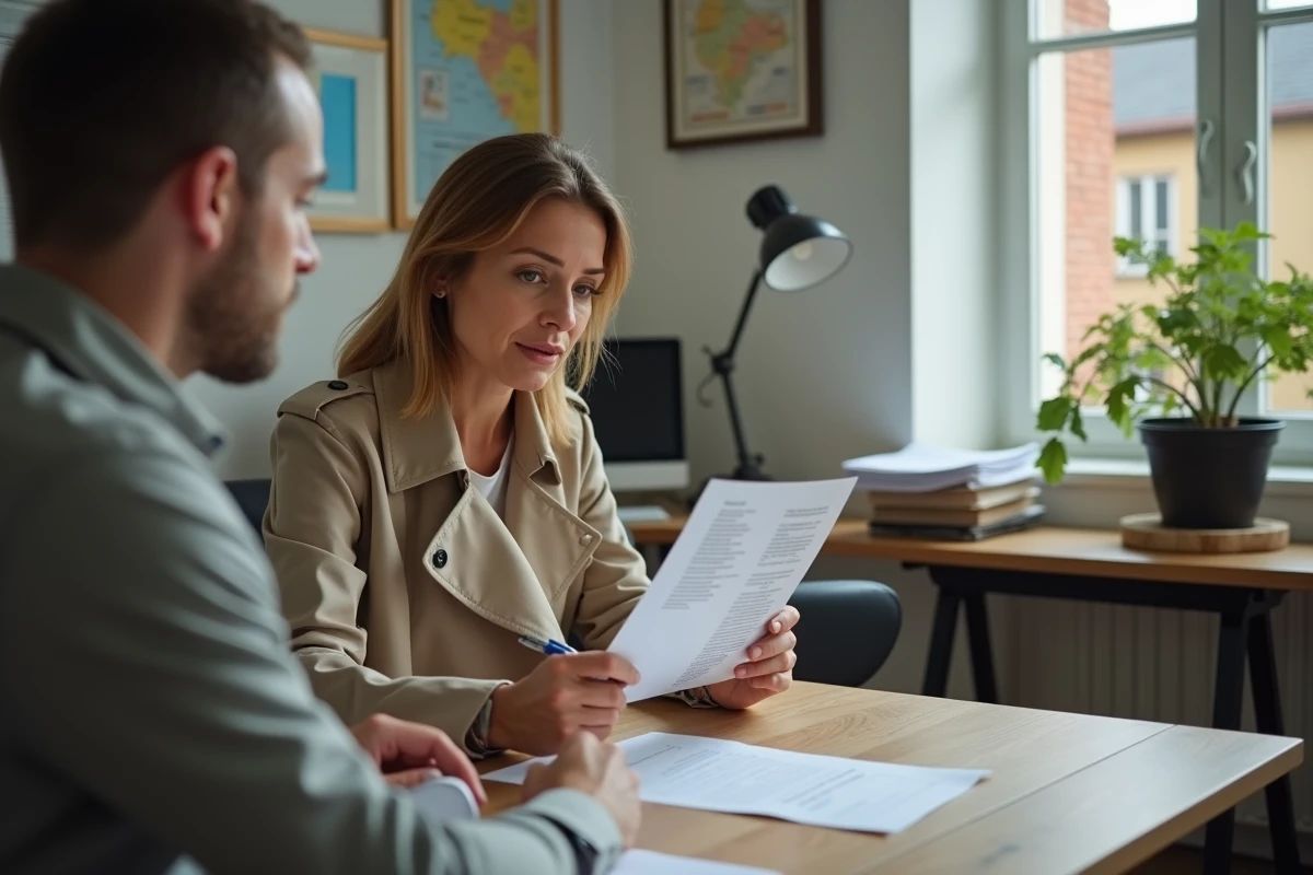 Locataire et agent immobilier examinant un contrat de location dans une agence en Seine-Maritime