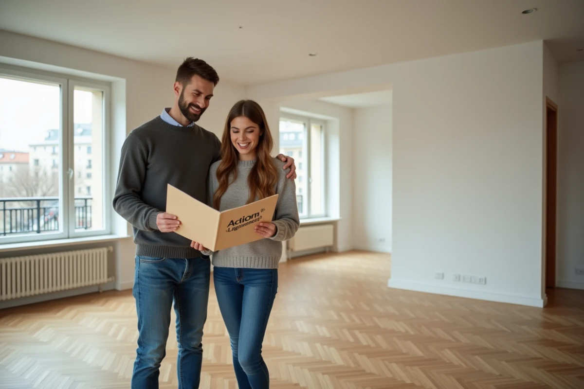 Jeune couple souriant avec dossier d