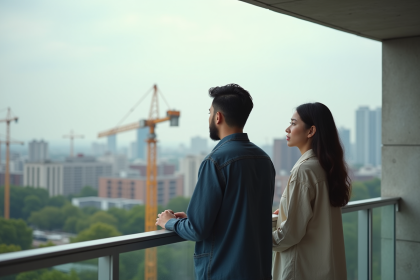 Couple regardant la ville depuis un balcon moderne