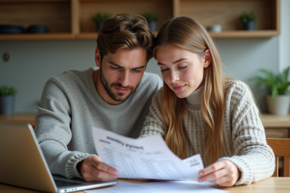 Jeune couple concentré sur leurs finances à la maison