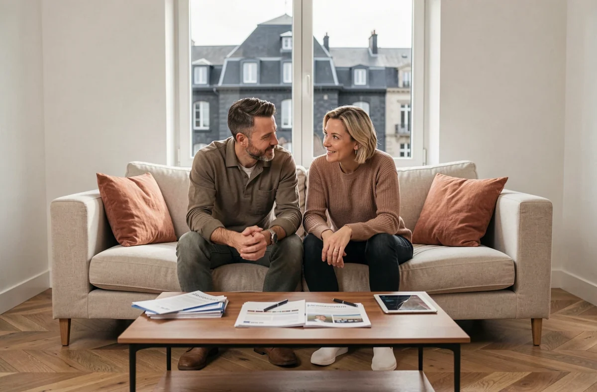 Couple comparant des brochures d'assurance habitation dans un appartement moderne avec vue sur les bâtiments en pierre volcanique de Clermont-Ferrand