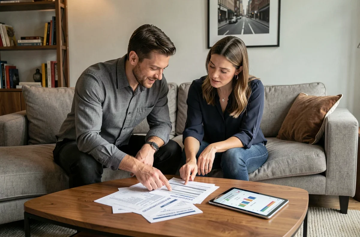 Couple comparant des devis d'assurance habitation sur des documents imprimés et une tablette dans un salon