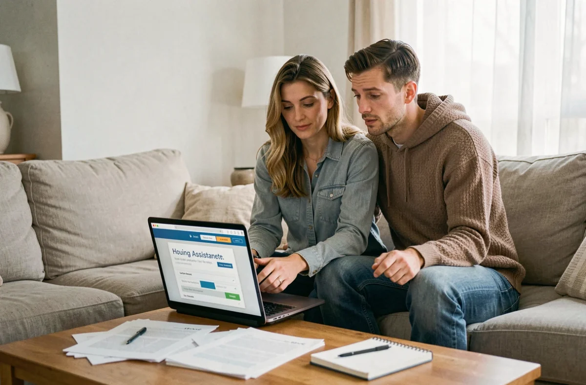 Couple consultant la plateforme Action Logement sur un ordinateur portable pour utiliser leur code d'accès