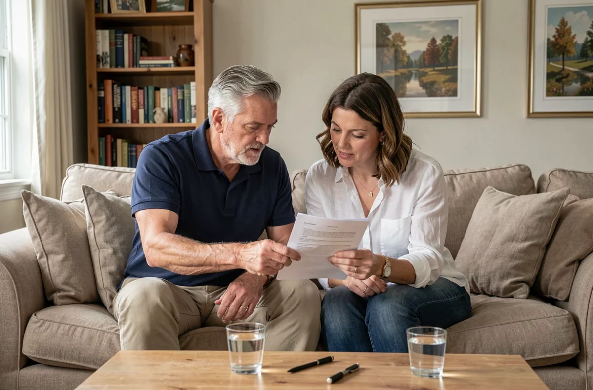 Couple analysant un contrat d'assurance habitation ensemble dans leur salon