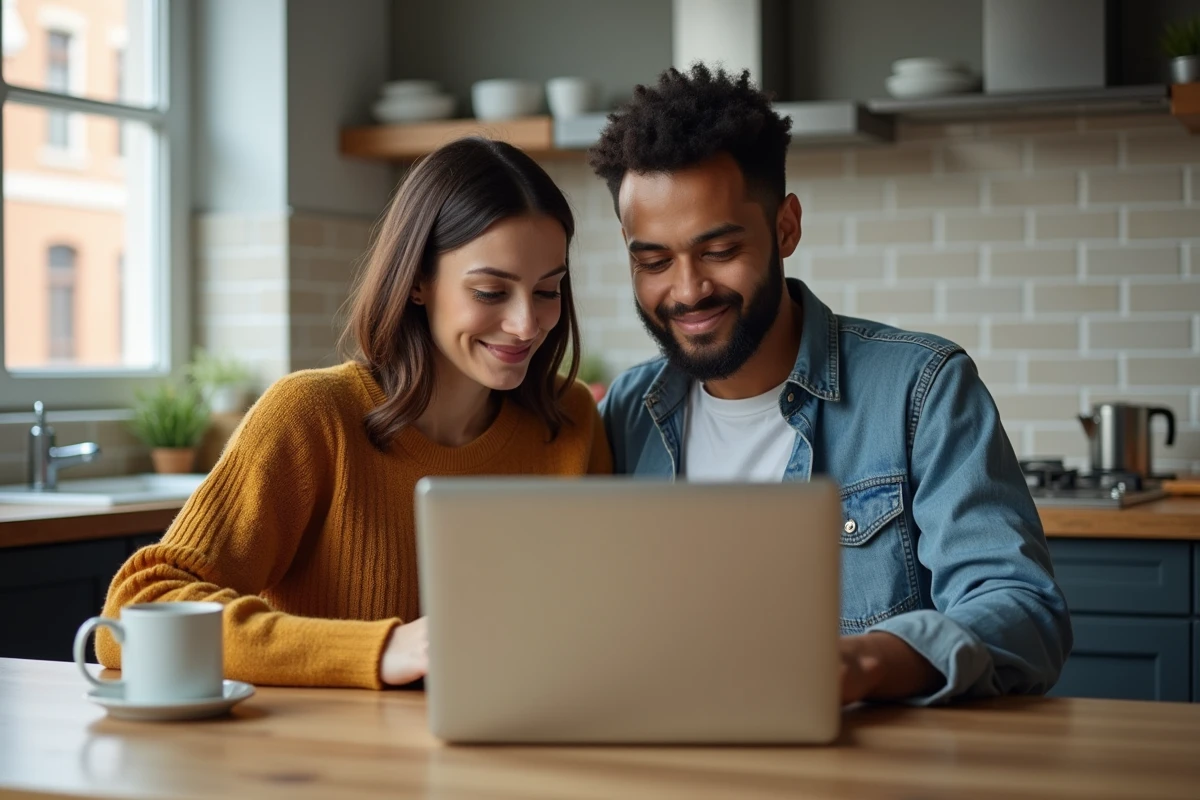 Couple consultant un dossier de demande de logement Action Logement sur un ordinateur portable dans leur cuisine