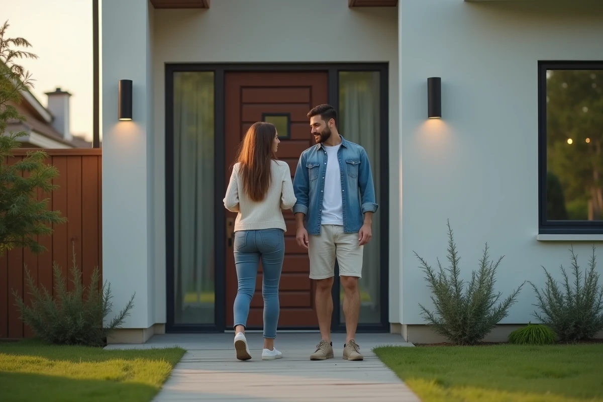 Jeune couple hésitant devant une maison moderne en banlieue