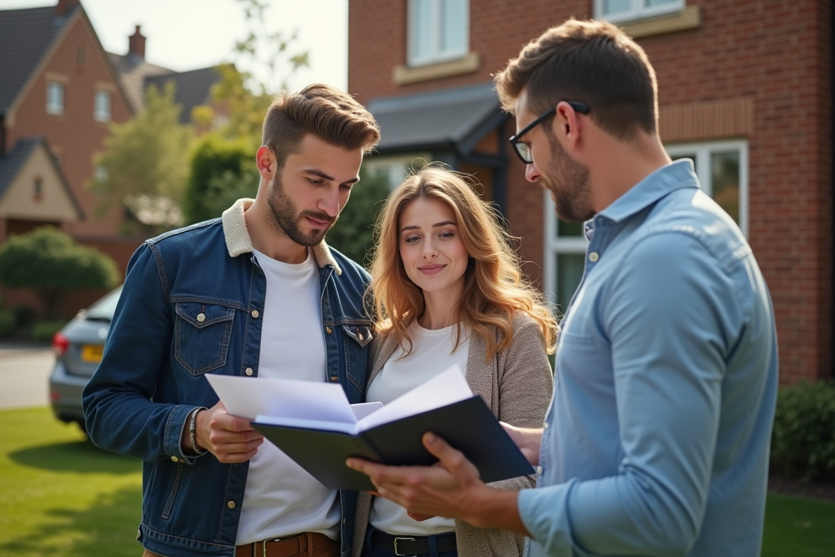 Jeune couple discutant assurance maison extérieure