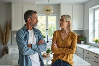 Couple en tension dans la cuisine d'une maison à vendre lors d'un divorce, représentant la vente immobilière urgente en procédure de séparation