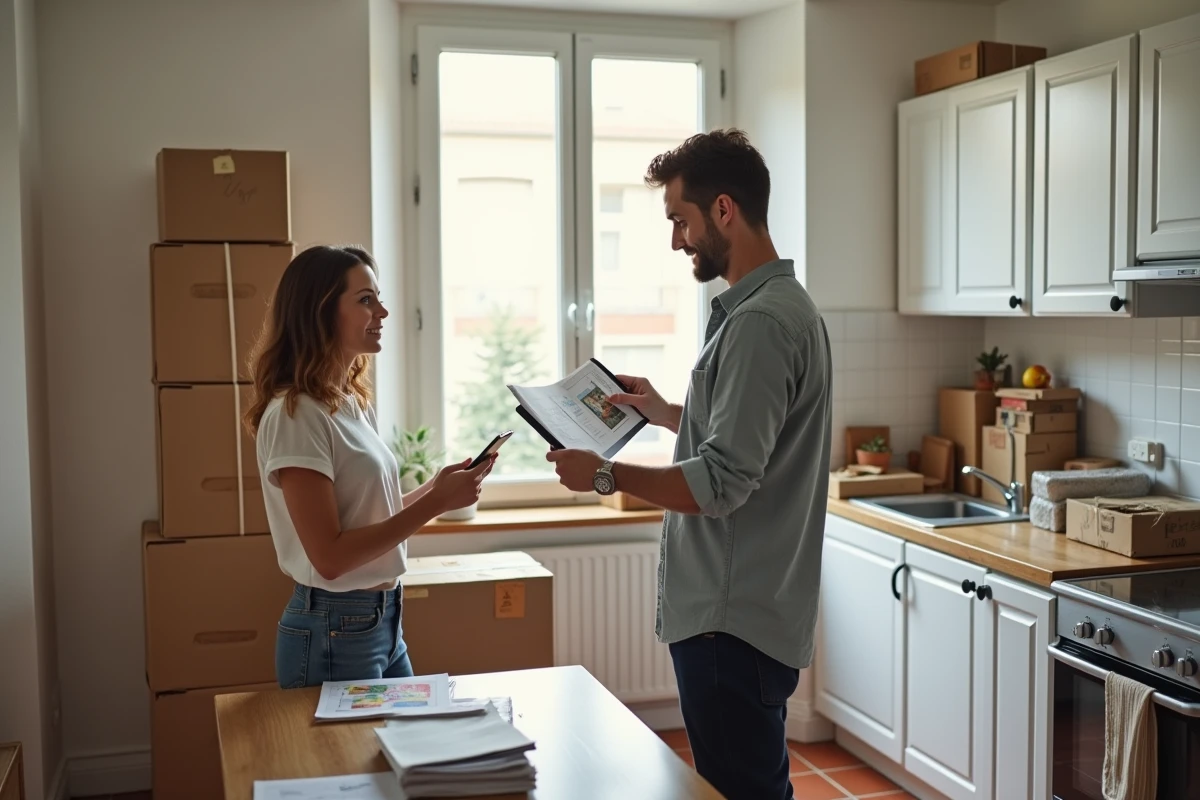 Couple en procédure de divorce préparant la vente de leur maison familiale avec documents immobiliers et cartons de déménagement