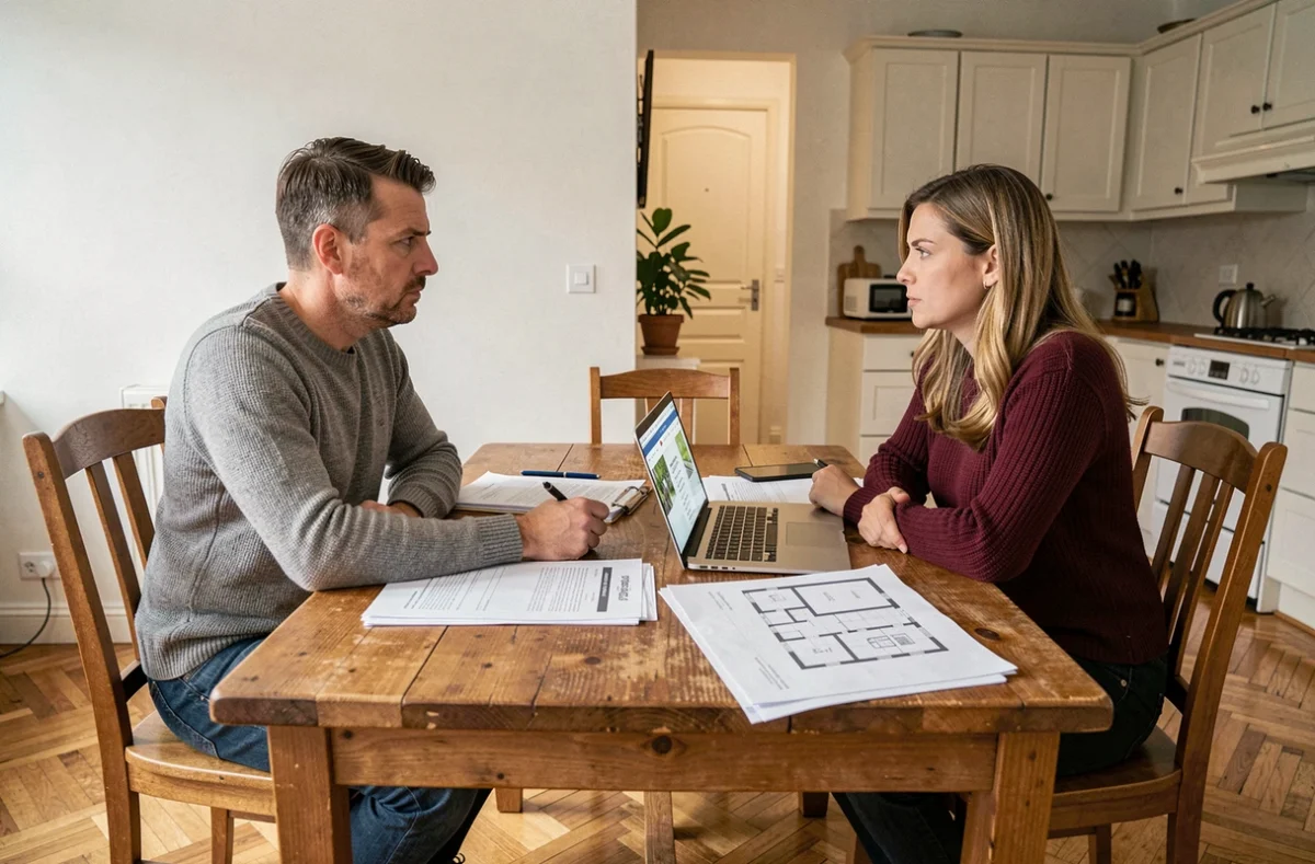 Couple en cours de divorce discutant de la vente urgente de leur maison autour de documents immobiliers