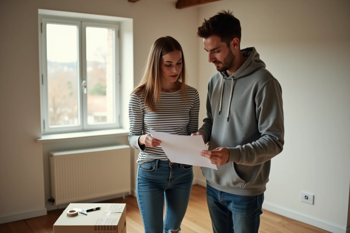 Couple examinant des documents de transfert de contrat EDF dans un salon vide pendant un déménagement avant état des lieux