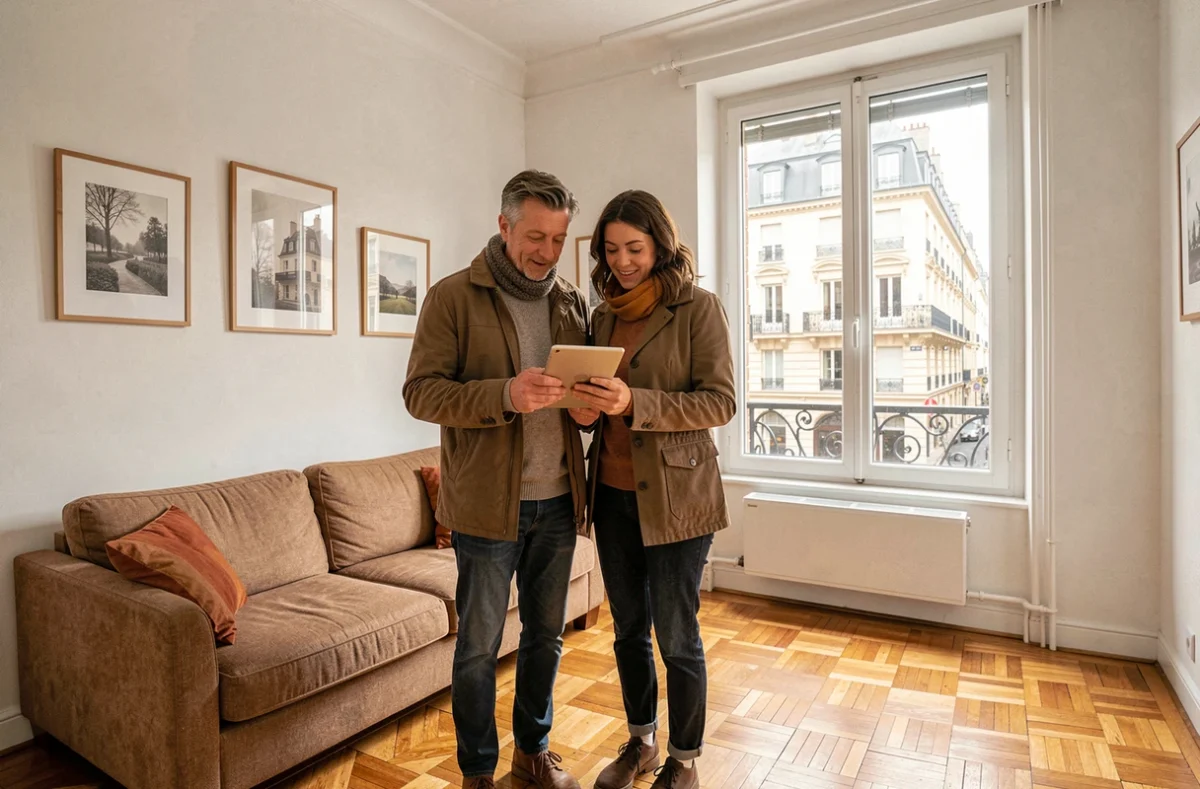 Couple consultant une estimation immobilière en ligne sur tablette dans leur appartement parisien