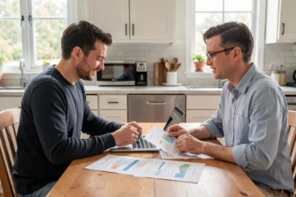 Couple examinant une simulation de prêt immobilier sur une table