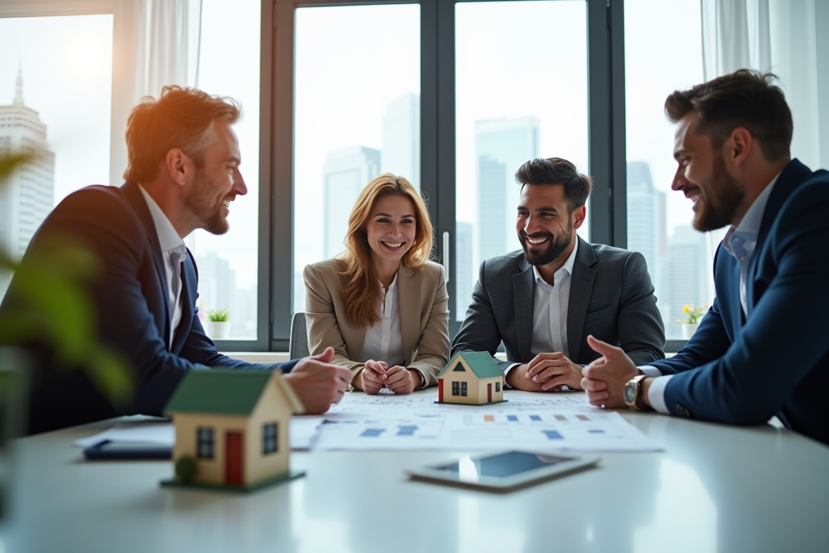 Couple confiant discutant immobilier avec conseiller dans bureau lumineux