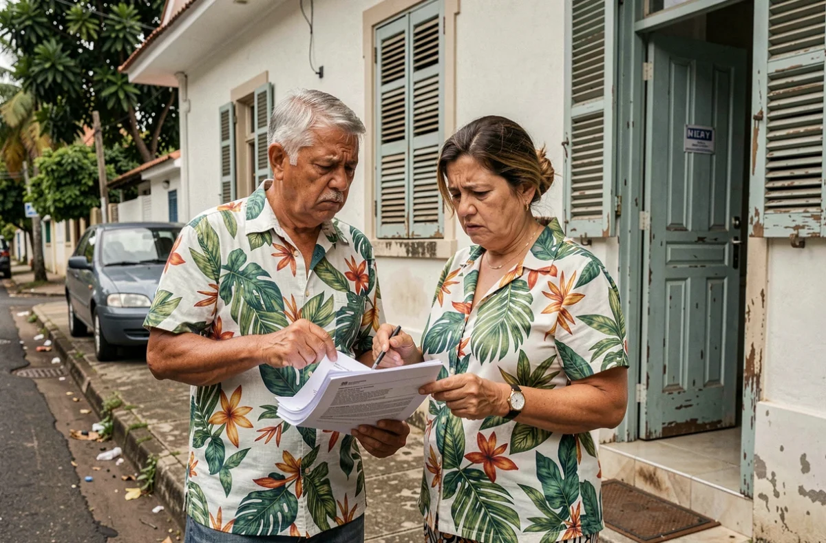 Couple d'investisseurs étrangers face à des problèmes juridiques et documents notariaux lors d'un achat immobilier à l'île Maurice