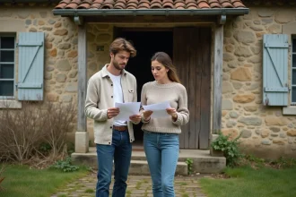 Jeune couple examinant les documents d'une maison à donner gratuitement devant une propriété ancienne en mauvais état