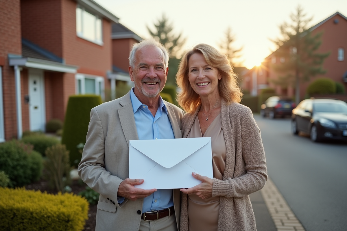 Couple devant leur maison avec enveloppe de documents signés