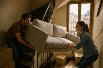 Jeune couple manœuvrant un grand canapé dans un escalier parisien