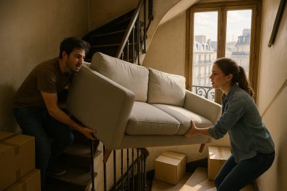 Jeune couple manœuvrant un grand canapé dans un escalier parisien