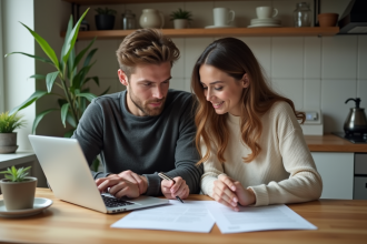 Jeune couple en cuisine étudiant des documents officiels
