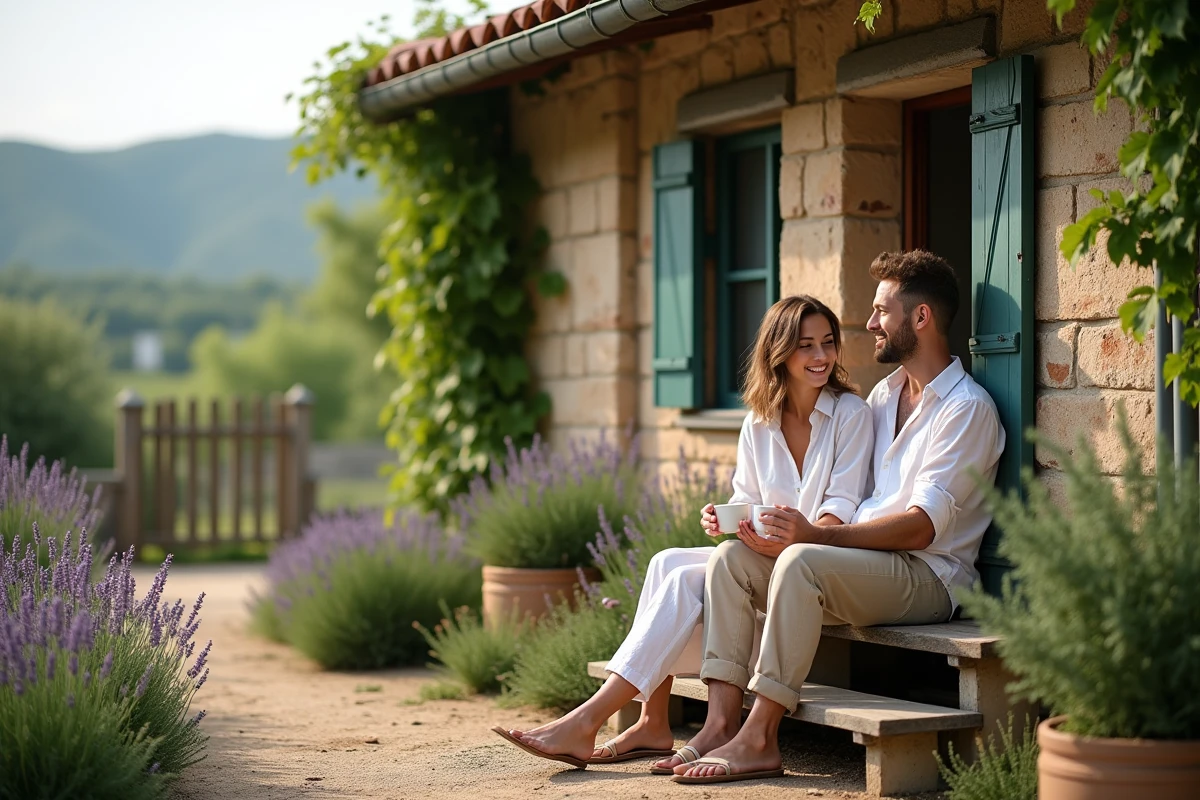Jeune couple assis devant une petite maison en pierre avec jardin fleuri dans les Hautes-Pyrénées