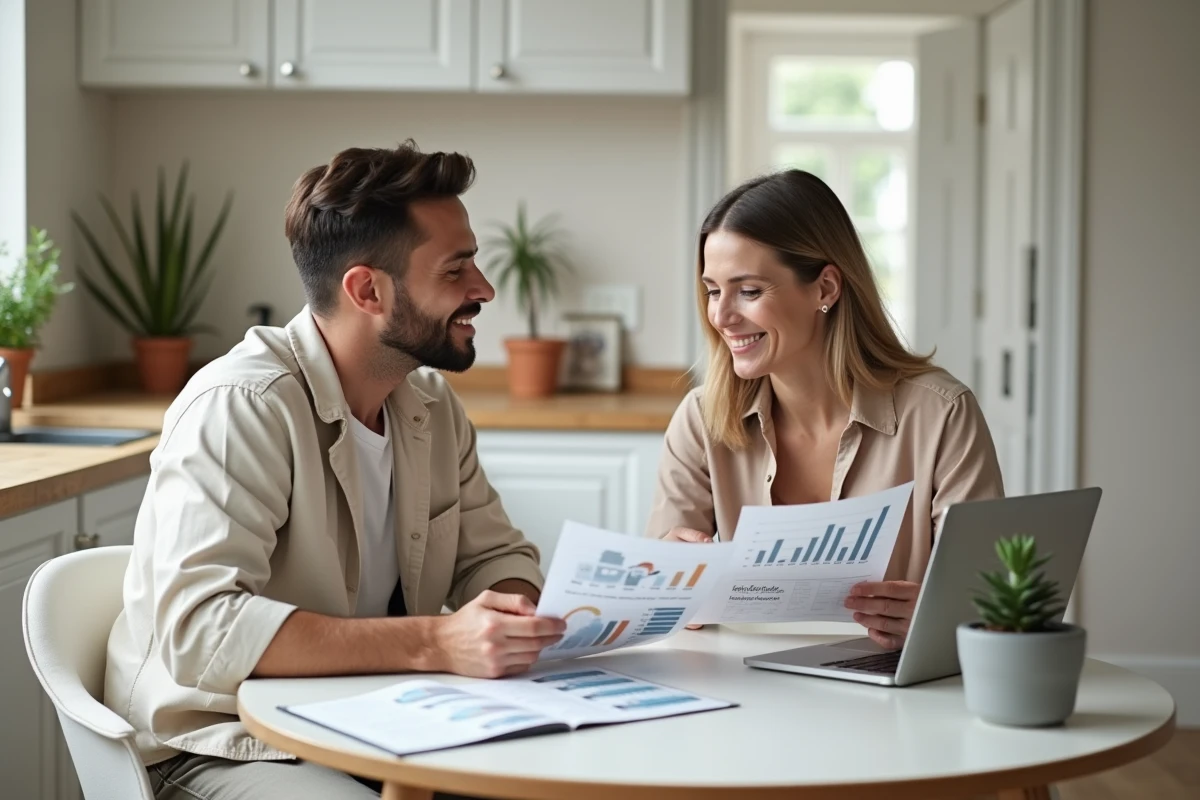 Couple examinant un tableau de bord de portefeuille immobilier ensemble dans une cuisine moderne pour planifier leur liberté financière