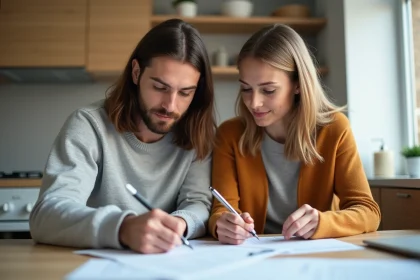 Jeune couple concentré sur papier immobilier dans la cuisine
