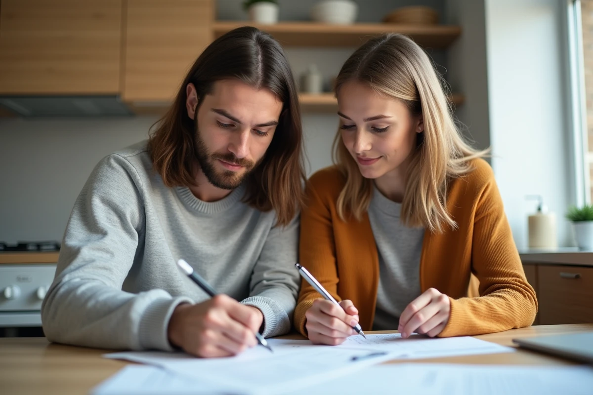Jeune couple concentré sur papier immobilier dans la cuisine