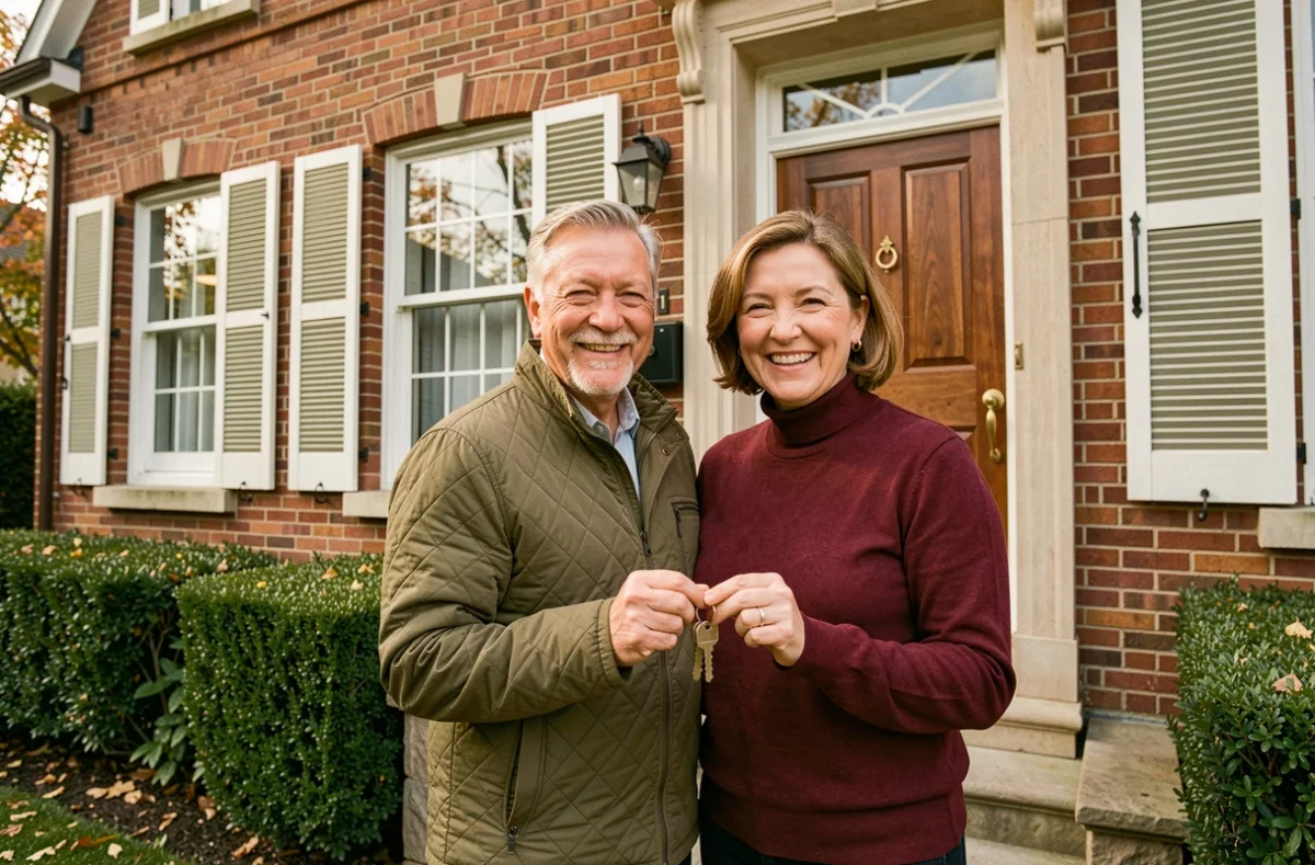 Couple de propriétaires devant leur maison individuelle tenant leurs clés