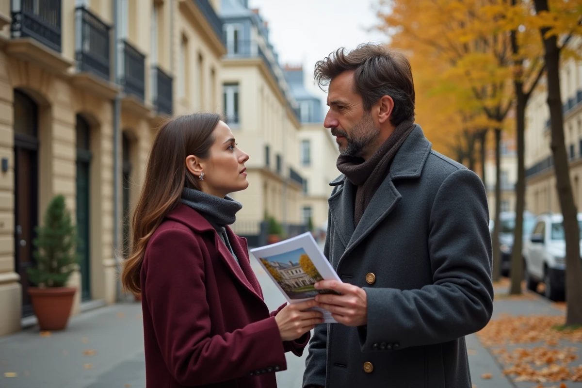 Couple consultant une brochure immobilière devant un immeuble haussmannien dans un quartier en hausse des prix