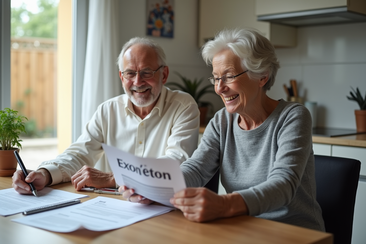 Couple retraité souriant avec formulaires dans la cuisine