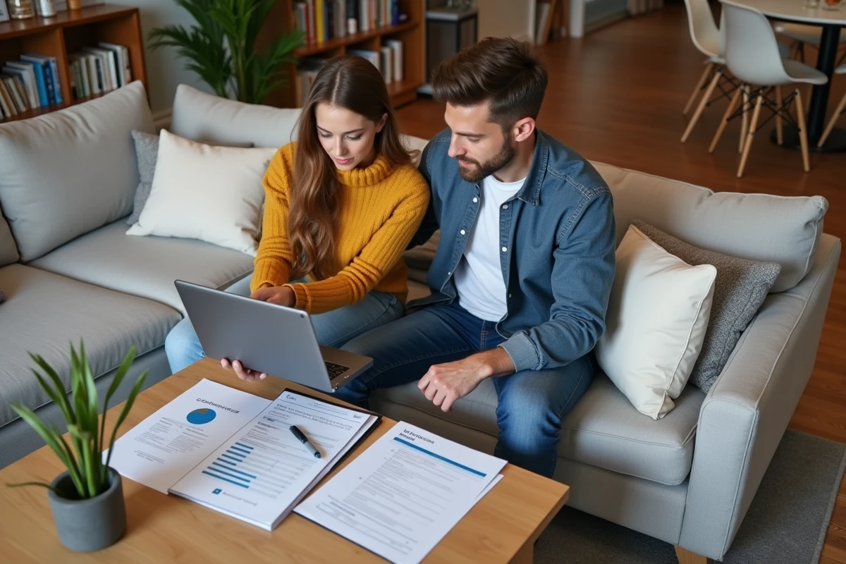 Couple révisant des documents de location centralisés sur tablette et papier dans un salon contemporain organisé