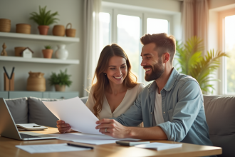 Couple heureux dans un salon moderne avec documents de prêt immobilier