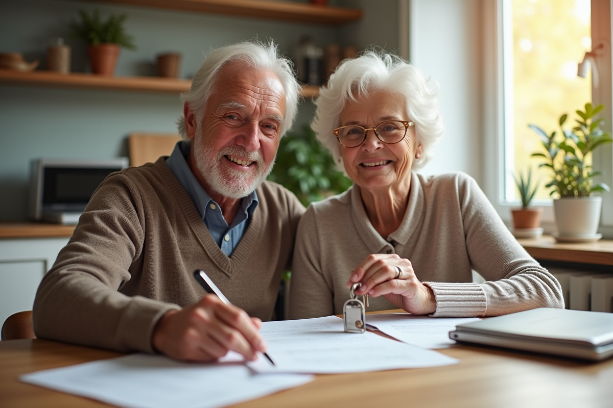 Couple senior souriant avec documents de location et clés dans une cuisine lumineuse
