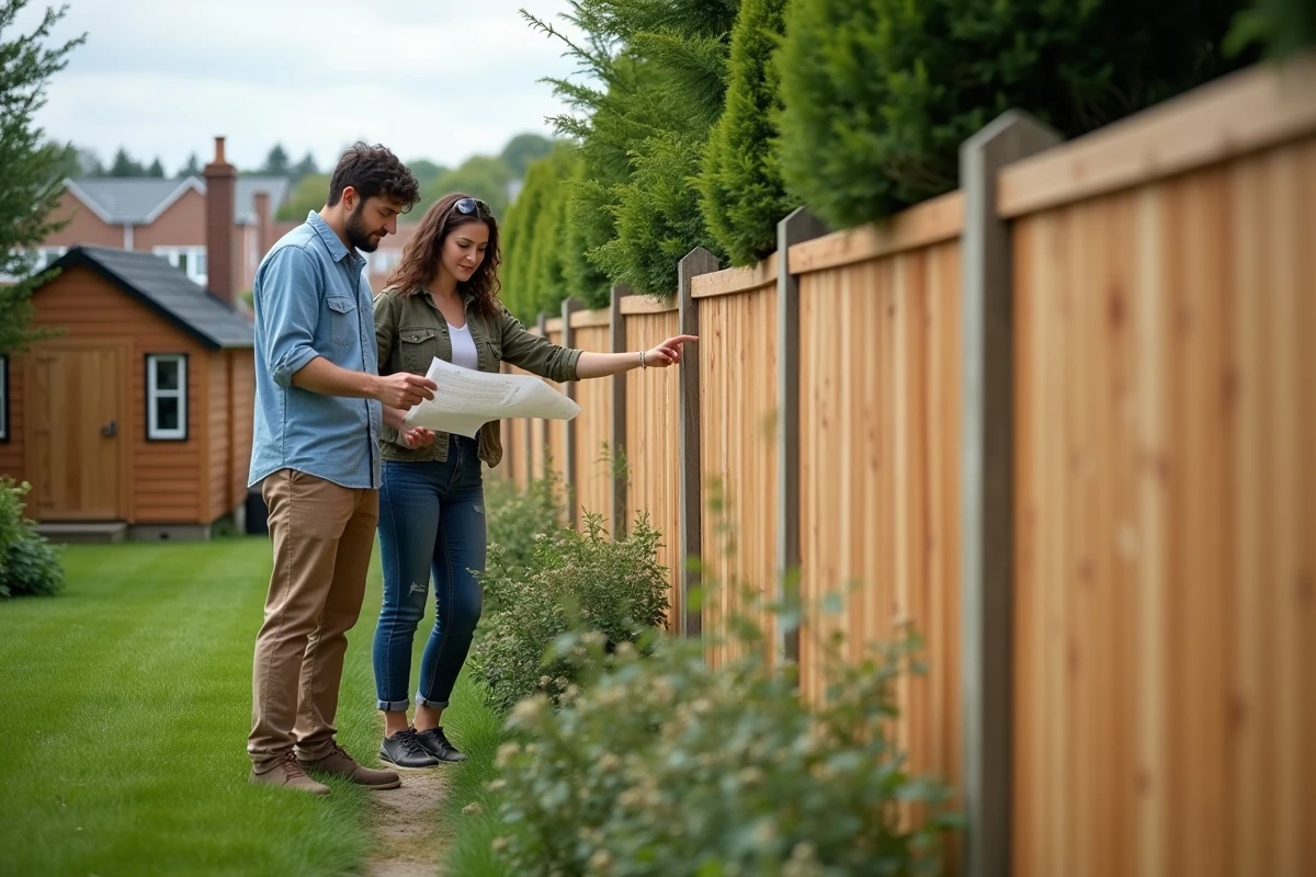 Jeune couple examine une clôture en bois dans leur jardin