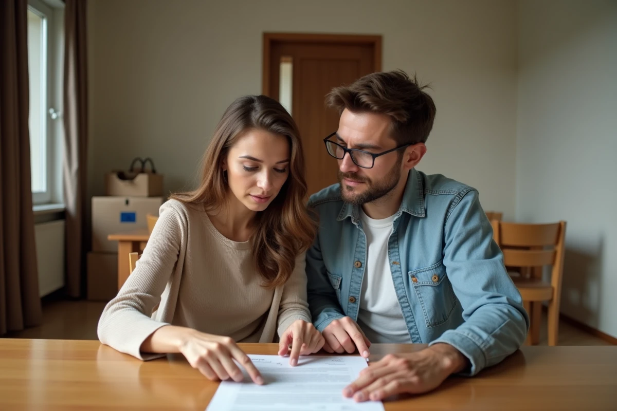Jeune couple examinant ensemble une lettre de préavis de déménagement posée sur une table de salle à manger
