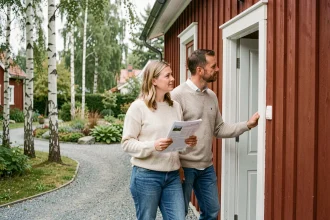 Couple visitant une maison traditionnelle suédoise en bois rouge lors d'une visite immobilière