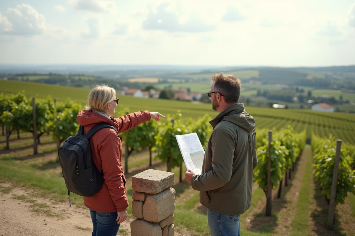 Couple de futurs vignerons visitant une parcelle de vignes à vendre dans le vignoble de Bordeaux