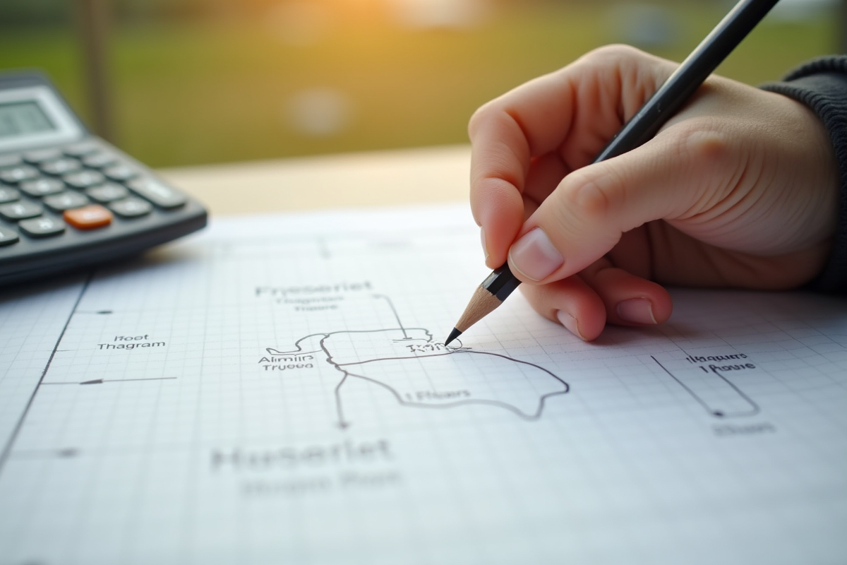 Main dessinant un plan d hectare sur papier blanc avec calculatrice